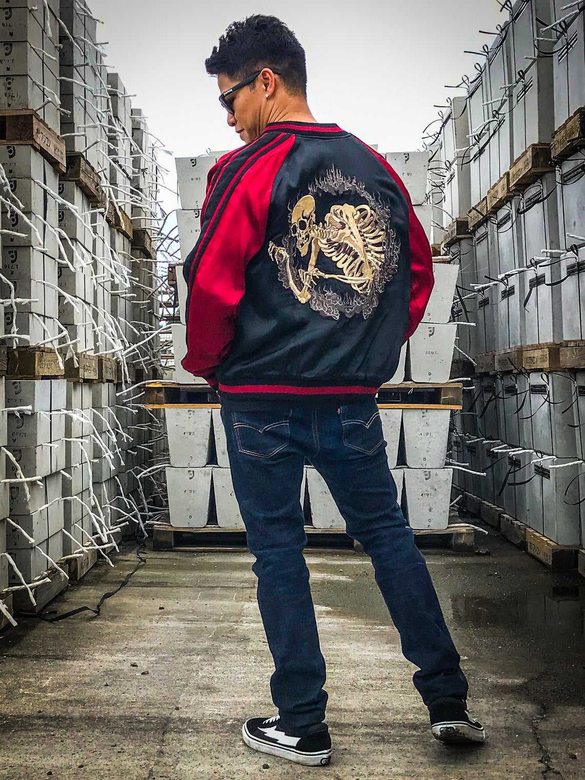 SATORI Vintage Japanese Japan Punk Rock Skeleton Skull Skulls Rockabilly Samurai Yamabushi Musha Warrior Sword Shishi Lion Embroidered Bomber Sukajan Jacket