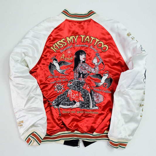 SEXY CHIC RED JAPAN JAPANESE VINTAGE PEAK'D YELLOW TEDMAN TED CLOTHING COMPANY KISS MY TATTOO ANEGO BITCH SLUT TATTOO ART GEISHA MAIKO OIRAN SHUNGA YAKUZA TATTOO ART BIRD PANTHER EMBROIDERED EMBROIDERY SOUVENIR SUKAJAN TOUR JACKET ( SIZE : 42 L )