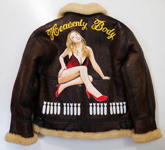 VINTAGE CUSTOM MADE B-3 B3 US ARMY AIR FORCE MILITARY FLIGHT 8TH AAFJACKET BOMB RETRO PINUP PIN-UP GIRL HEAVENLY BODY MOUTON BACKPAINT BACK PAINT LEATHER JACKET (SIZE : L)