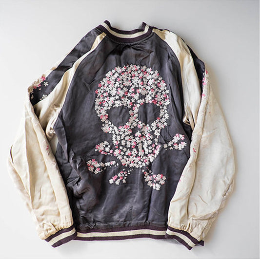 SIMPLE ZEN JAPANESE VINTAGE HANATABI GAKUDAN SAKURA CHERRY BLOSSOMS PUNK DOKURO SKELETON SKULL FORM MINIMAL ZEN COLOR DESIGN BOMBER EMBROIDERED REVERSIBLE SUKAJAN JACKET ( SIZE L )