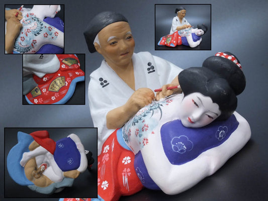 RARE Japanese Hakata Urasaki Ningyo Shunga Erotic Fetish Tattoo Artist Oiran Geisha Bijin Kimono Irezumi Sex Doll Figure Statue Okimono Art