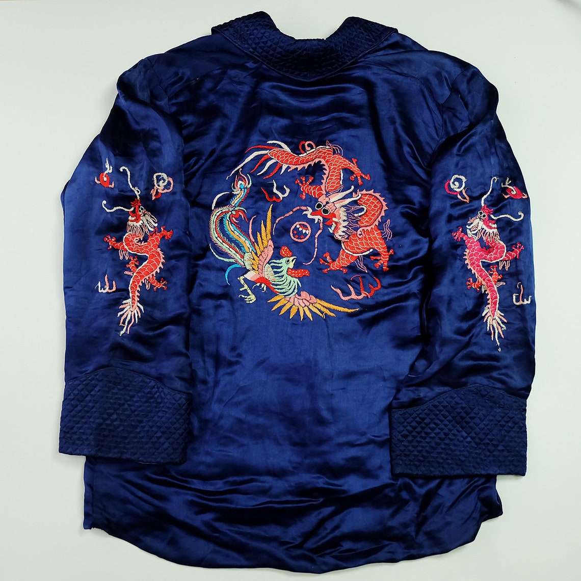 Vintage Collectible China Chinese Oriental Fetish Chic Blue PHOENIX Dragon Ryu Long Embroidered Embroidery Robe Sukajan Souvenir Jacket ( Size : M )