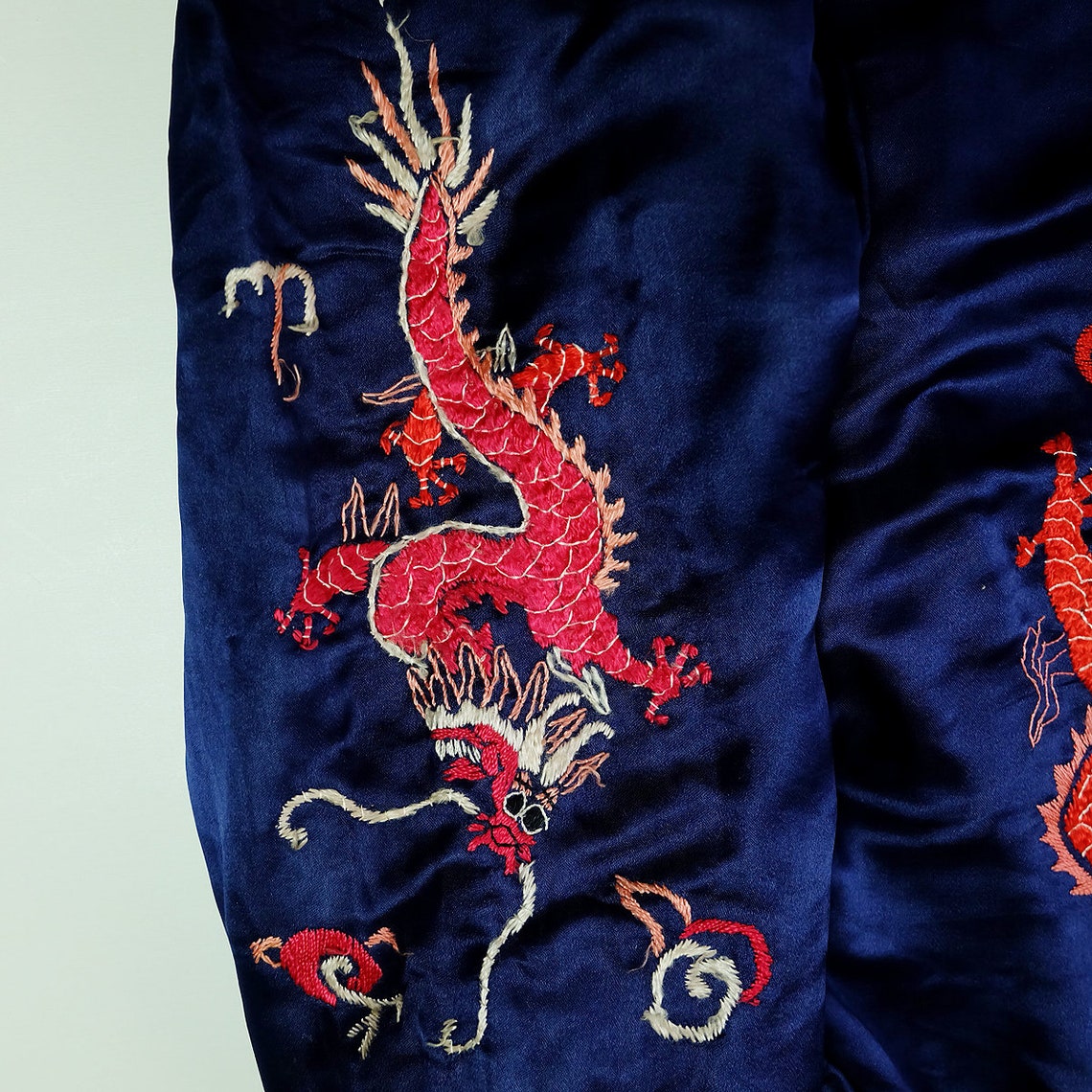 Vintage Collectible China Chinese Oriental Fetish Chic Blue PHOENIX Dragon Ryu Long Embroidered Embroidery Robe Sukajan Souvenir Jacket ( Size : M )