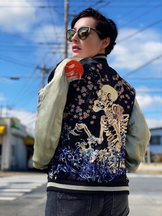 Badass Dope Vintage Japanese SATORI Skeleton Rockabilly Cherry Blossoms Hokusai Nami Wave Ukiyoe Embroidery Bomber Sukajan Souvenir Jacket