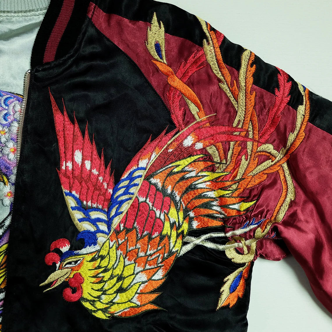 Vintage Japanese Japan Silver Purple Big Dragon Ryu Phoenix Maroon Sakura Cherry Blossoms Yokosuka Embroideried Bomber Sukajan Jacket