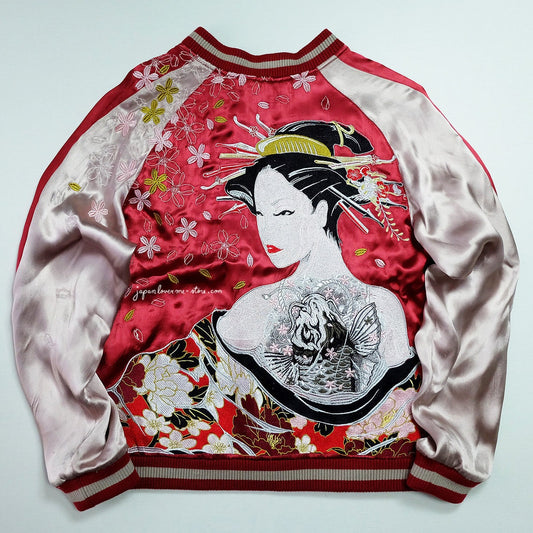 SUPER RARE DEADSTOCK PREMIUM VINTAGE JAPANESE JAPAN KACHO FUGETSU RED CHERRY BLOSSOMS GEISHA OIRAN MAIKO YOKOSUKA JUMPER TATTOO ART EMBROIDERY EMBROIDERED BOMBER SUKAJAN SOUVENIR JACKET TOUR JACKET ( SIZE : M )