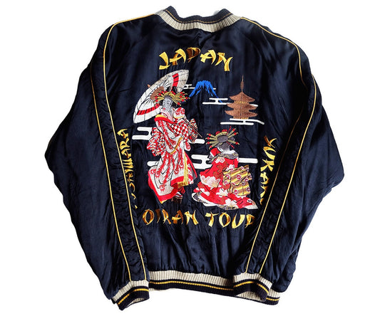 VINTAGE JAPANESE SOUVENIR CROPPED HEADS YOSHIWARA YURAKU NIGHT LIFE OIRAN SOAPLAND GEISHA MAIKO SAKURA FLOWERS FUJISAN CRANES KAMON SUKAJAN YOKUSUKA JUMPER BOMBER SOUVENIR JACKET TOUR JACKET ( SIZE : L )