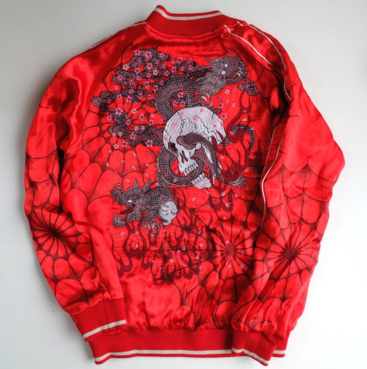 Miyabi Musubi Japanese Japan Red Gold Fish Cherry Blossoms Flowers Floral Skull Skeleton Dragon Embroidery Embroidered Bomber Sukajan Jacket