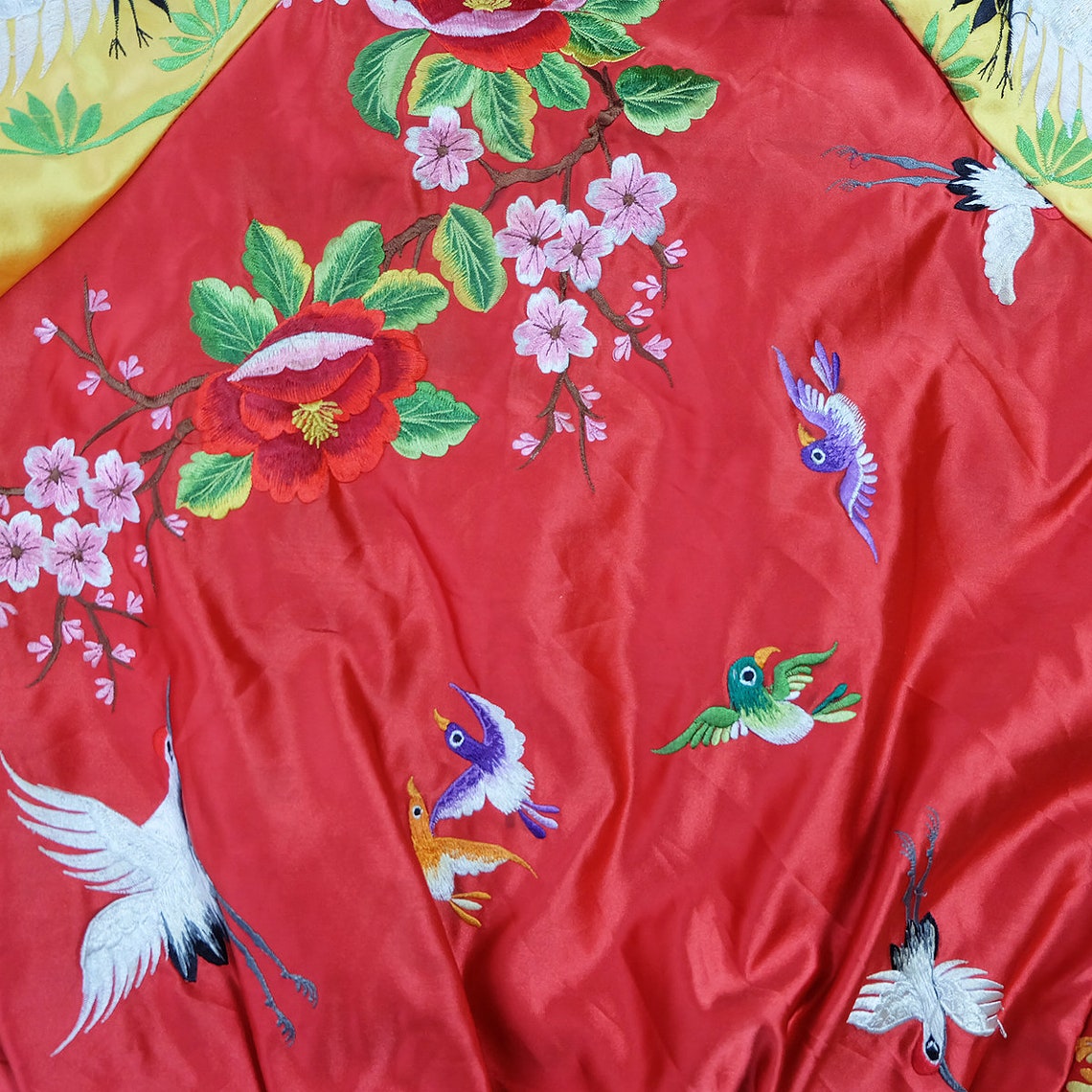 Super Cute Kawaii Pop Japanese Vintage Rare NANAN Cherry Blossom Birds Peacock Kujaku Niji Rainbow Sakura Flowers Sukajan Souvenir Jacket