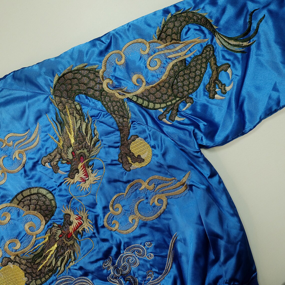 Dope Sick Dapper Vintage Japanese Japan Royal Blue Dragon Ryu Yakuza Gangsta Gangster Tattoo Art Embroidery Embroidered Bomber Sukajan Souvenir Jacket (SIZE: F )