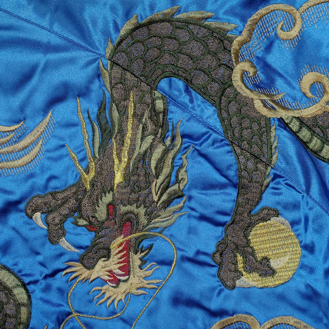 Dope Sick Dapper Vintage Japanese Japan Royal Blue Dragon Ryu Yakuza Gangsta Gangster Tattoo Art Embroidery Embroidered Bomber Sukajan Souvenir Jacket (SIZE: F )