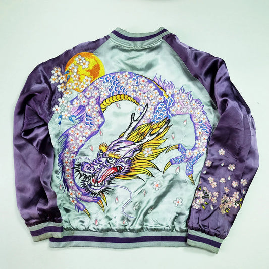 Vintage Japanese Japan Silver Purple Big Dragon Ryu Phoenix Maroon Sakura Cherry Blossoms Yokosuka Embroideried Bomber Sukajan Jacket