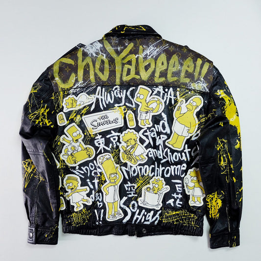 Vintage Japanese Harajuku Street Fashion Remake The Simpsons Street Fashion Art Design Mayu Cho Yabeee!! Custom Handmade Upcycle LV Monogram Leather Jacket ( SIZE : M)