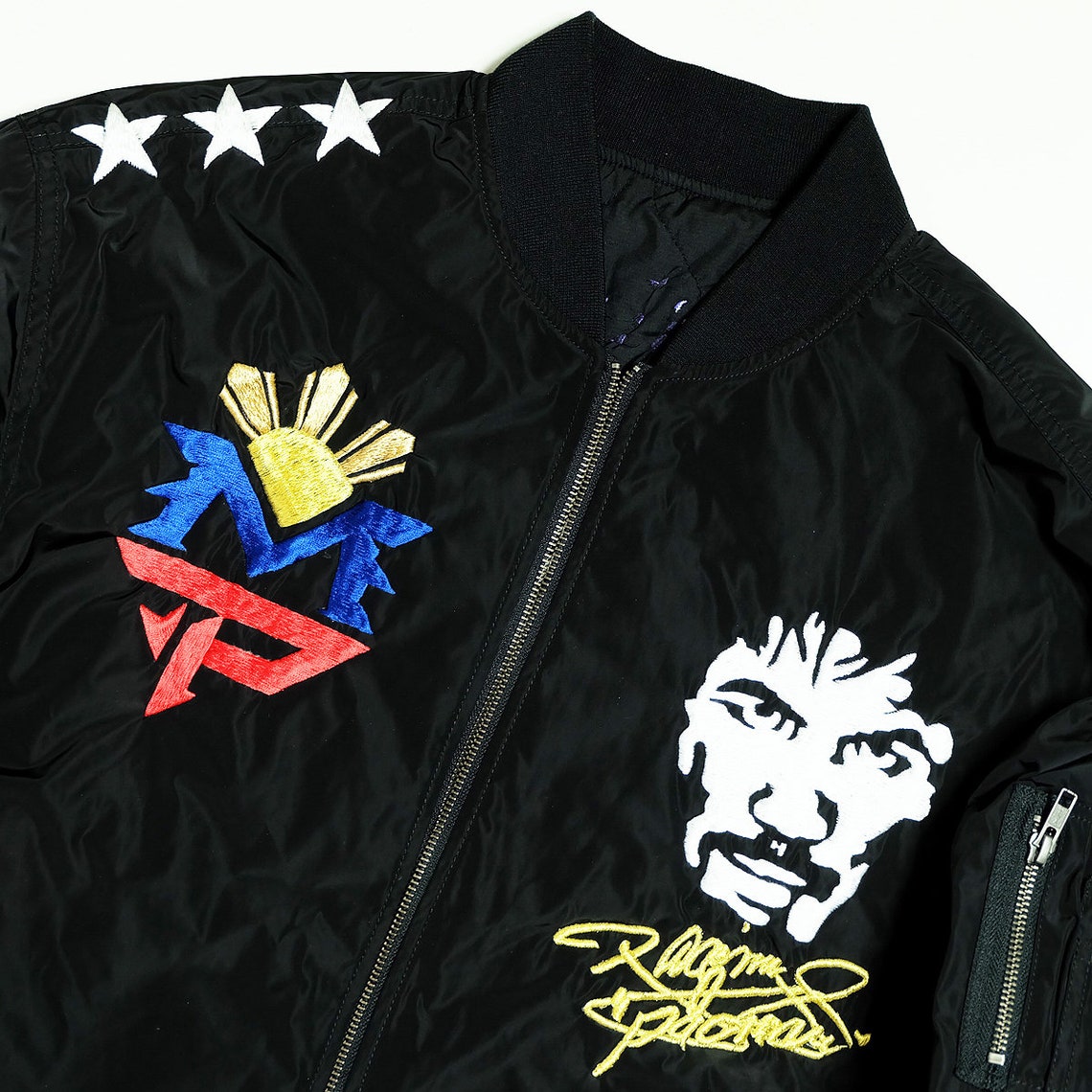 ORIGINAL Philippines Filipino Pinoy Pinas World Boxing Legend Pacman Manny Pacquiao Champ Champion Shishumania Original Made-to-Order Bomber MA-1 Souvenir Jacket Art Tribute ( SIZE : L )