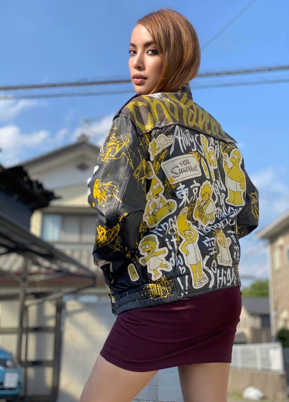 Vintage Japanese Harajuku Street Fashion Remake The Simpsons Street Fashion Art Design Mayu Cho Yabeee!! Custom Handmade Upcycle LV Monogram Leather Jacket ( SIZE : M)