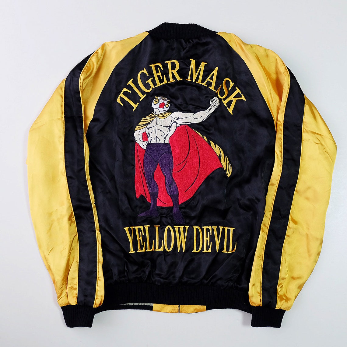 Super Rare Collectible Vintage Japanese Roaring Tiger Mask Japan Pro Wrestling Wrestler Hero Anime Character Yellow Devil Embroidered Sukajan Souvenir Jacket