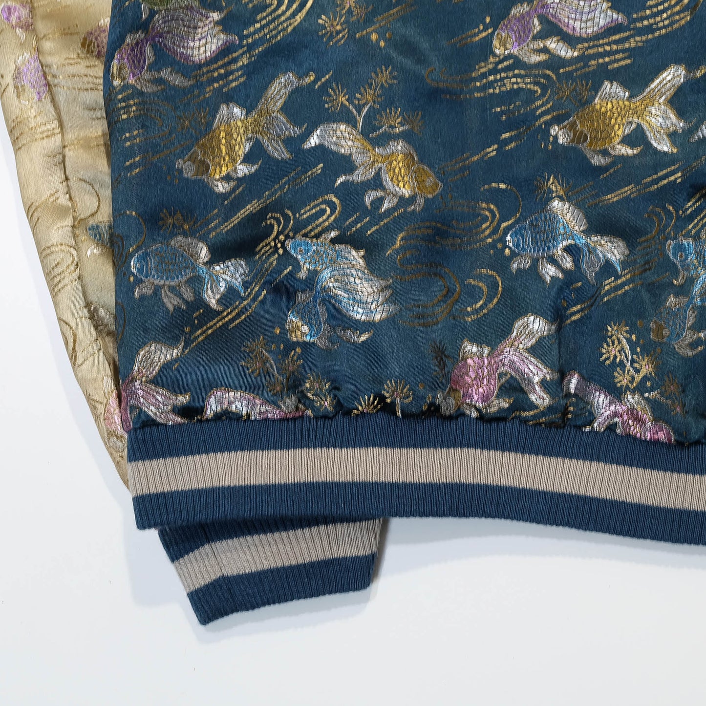 Elegant Japanese Embroidered Jacket Featuring Traditional Kingyo Goldfish, Water Ripples & Edo-Inspired Artwork