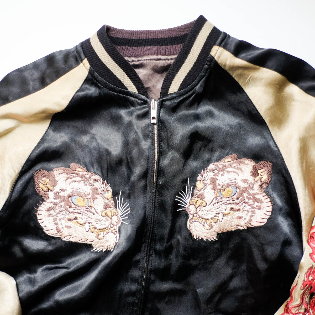 Shōki Demon Slayer & Flaming Tiger Reversible Sukajan Jacket Size L | Japanese Embroidered Souvenir Bomber