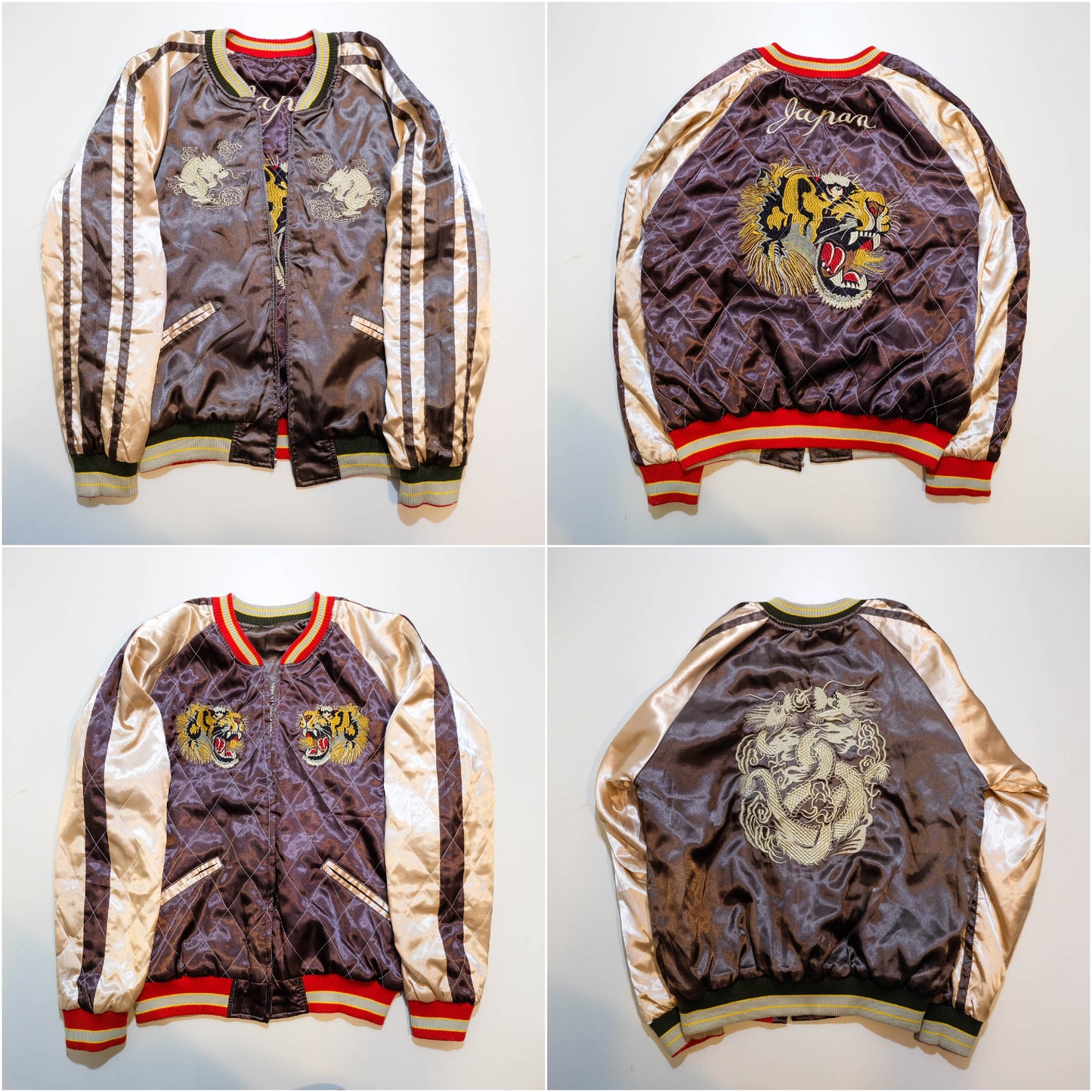 Brown Tiger × Dragon Embroidered Sukajan Jacket Japanese Souvenir Bomber Jacket M-L | Vintage Yokosuka Style Streetwear Wearable Art