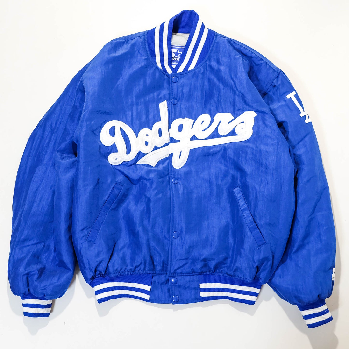 Starter Dodgers Vintage Satin Varsity Jacket | MLB Baseball Bomber Jacket Blue Stadium Jacket Made USA Size L