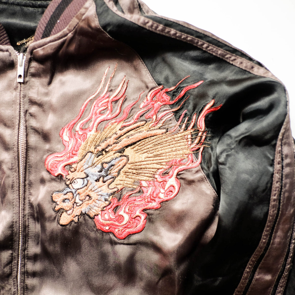 Shōki Demon Slayer & Flaming Tiger Reversible Sukajan Jacket Size L | Japanese Embroidered Souvenir Bomber