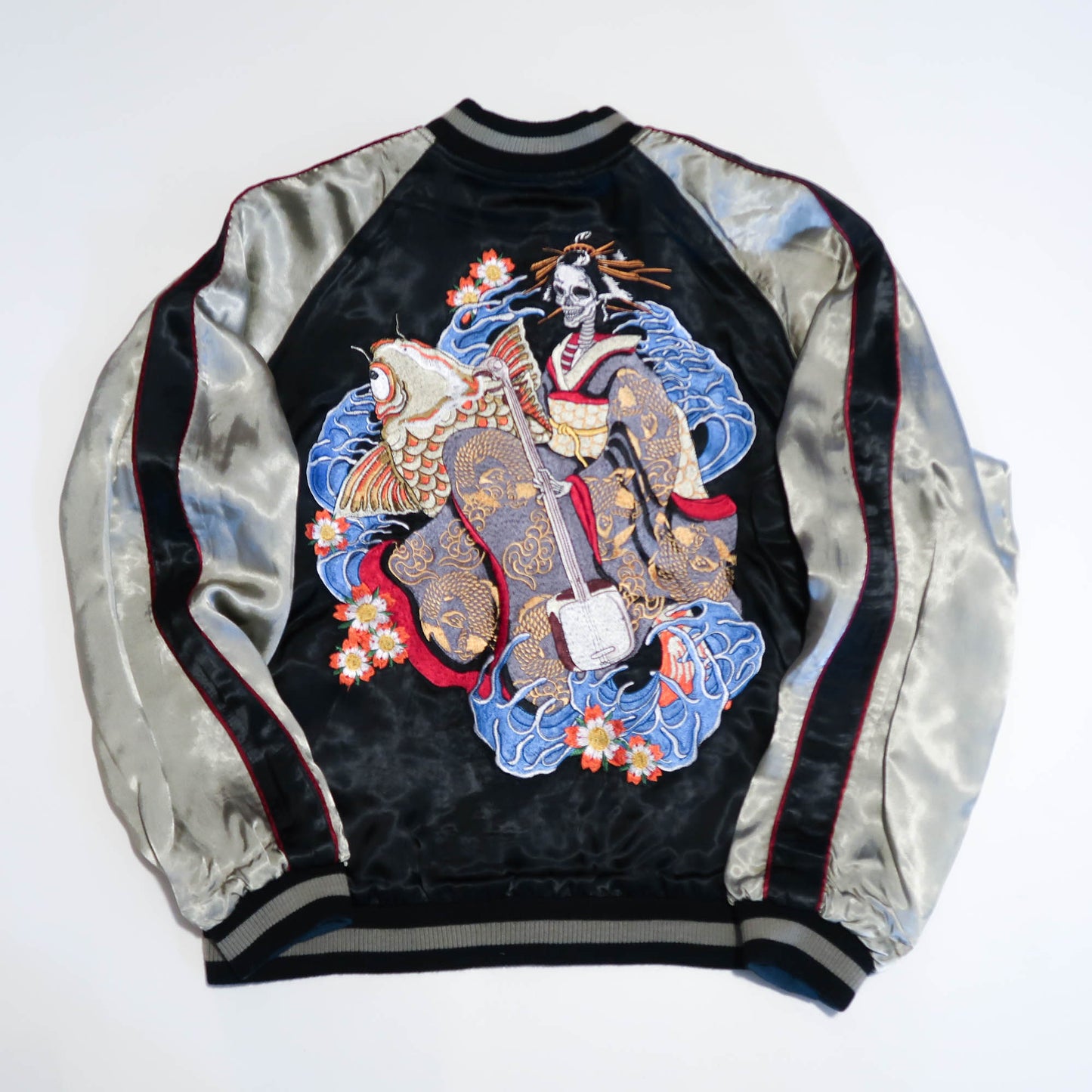 Skeleton Geisha Shamisen Sukajan Jacket | Japanese Punk Rockabilly Embroidered Souvenir Bomber Jacket