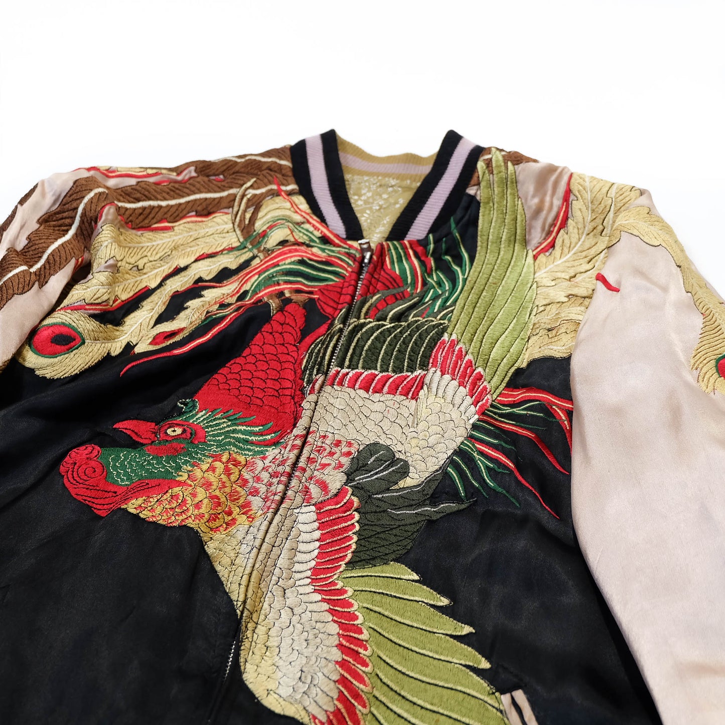 Vintage-Inspired Wagara Embroidered Jacket Featuring Majestic Kujaku Peacock Feathers, Phoenix Bird & Traditional Japanese Textile Art