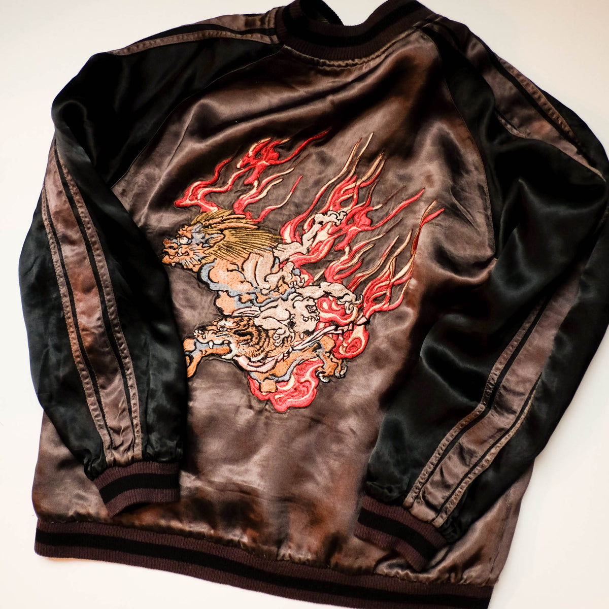 Shōki Demon Slayer & Flaming Tiger Reversible Sukajan Jacket Size L | Japanese Embroidered Souvenir Bomber