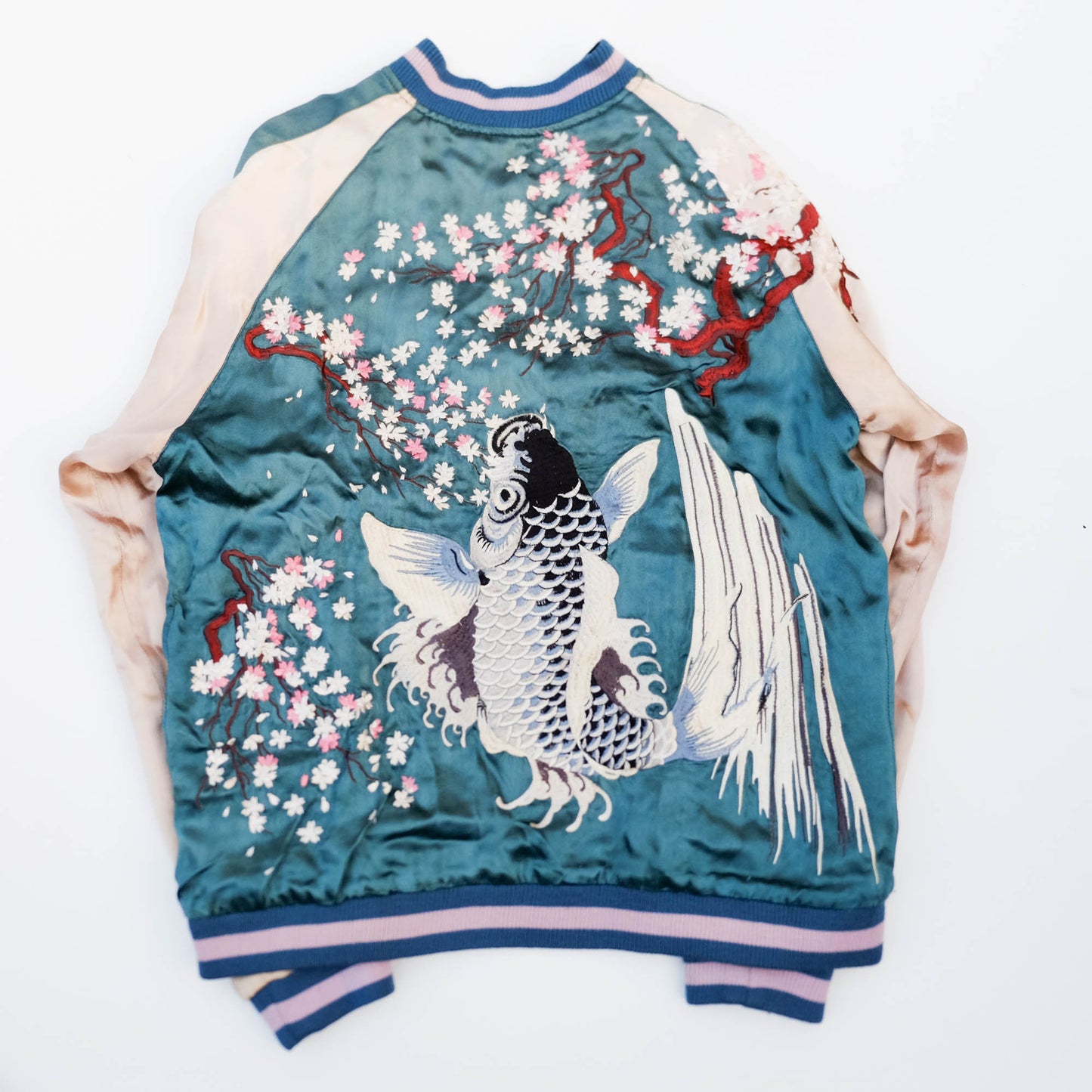 Japanese Sukajan Souvenir Jacket – Koi Carp, Sakura & Japan Map Reversible Embroidered Bomber Jacket