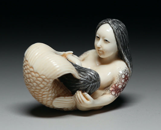 Japanese Erotica Risque Shunga Bijin Nude Mermaid Mother and Chile Sagemono Netsuke Okimono Doll Statue Art