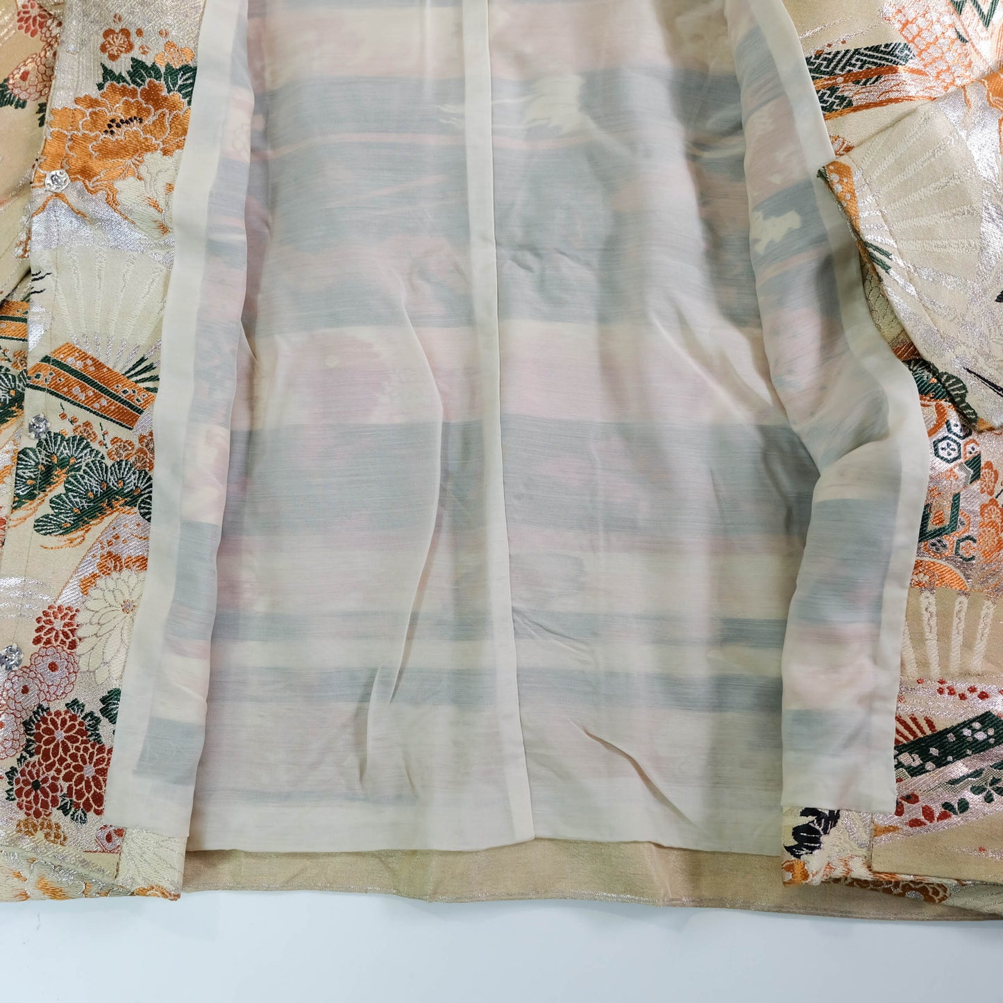 One-of-a-Kind Japanese Wagara Brocade Jacket with Tsuru Cranes, Sensu Fans, Pine, Chrysanthemum & Classical Geometric Motifs