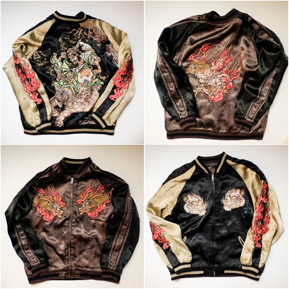 Shōki Demon Slayer & Flaming Tiger Reversible Sukajan Jacket Size L | Japanese Embroidered Souvenir Bomber