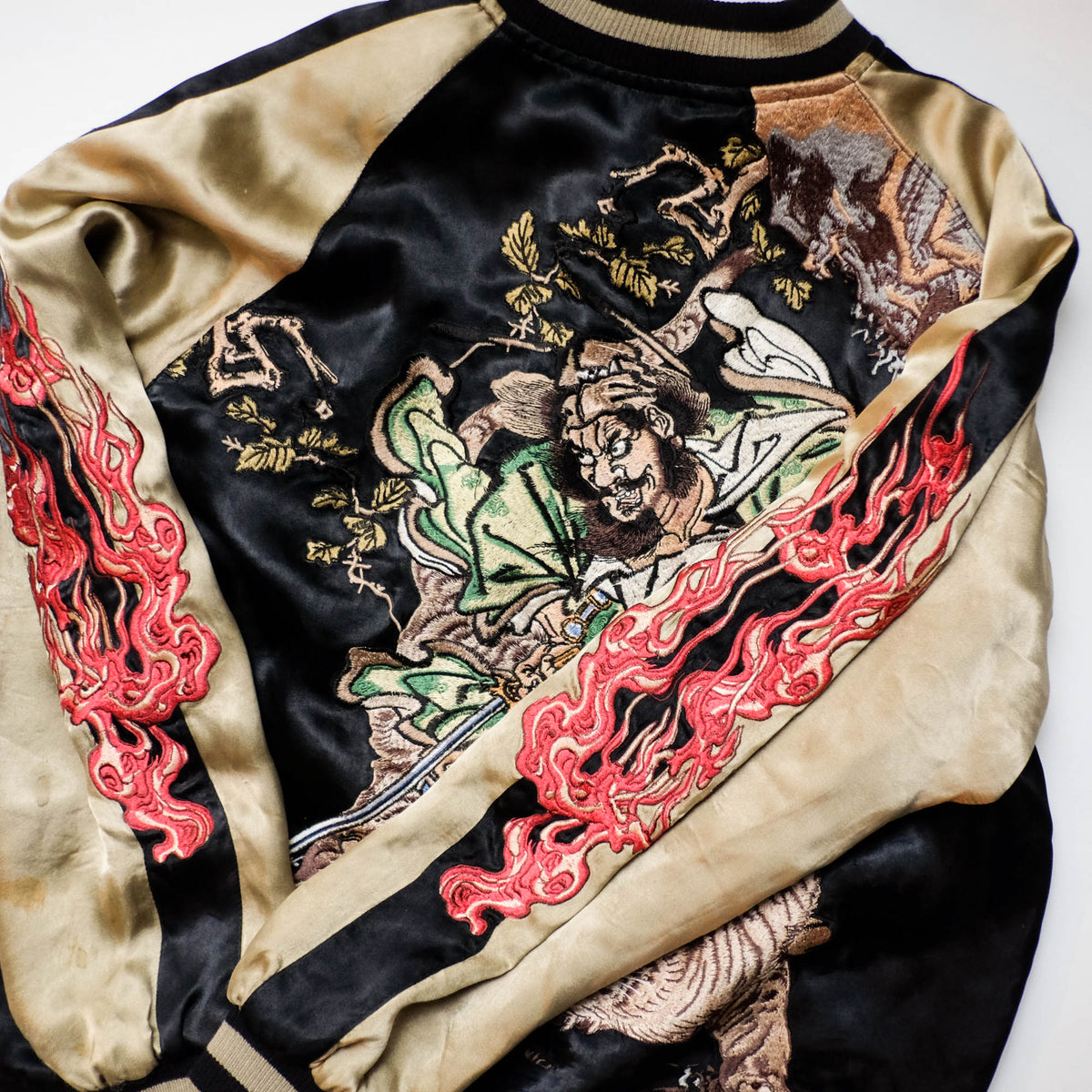 Shōki Demon Slayer & Flaming Tiger Reversible Sukajan Jacket Size L | Japanese Embroidered Souvenir Bomber