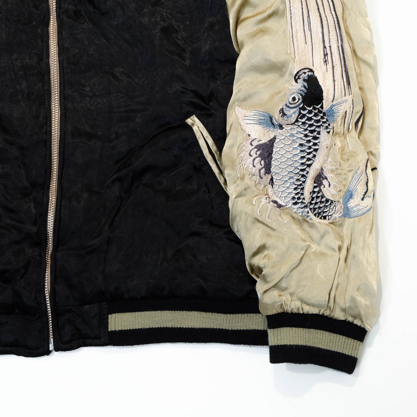 Traditional Japanese Koi Fish Wagara Embroidery Jacket Featuring Dynamic Water Motif & Vintage Yokosuka Style