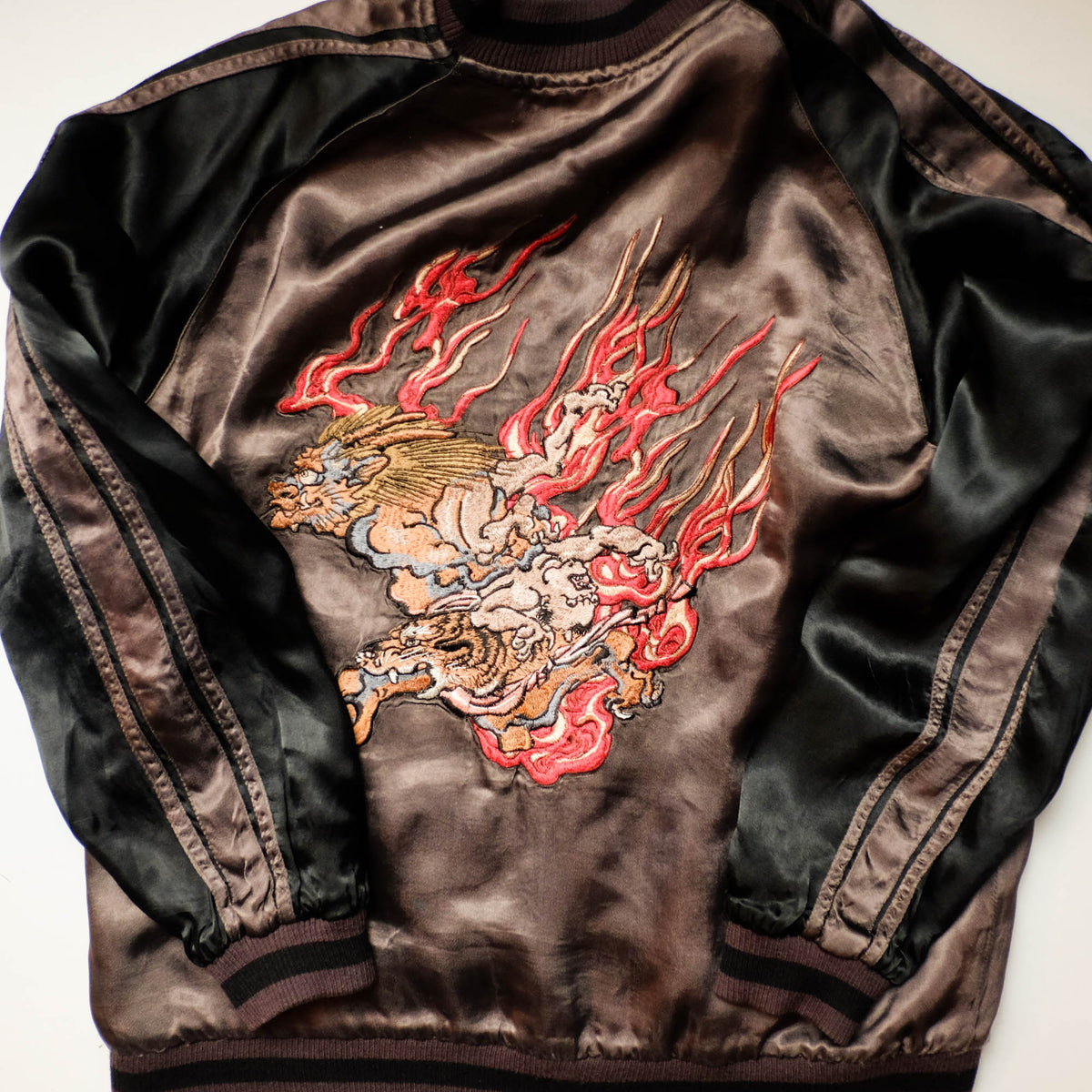 Shōki Demon Slayer & Flaming Tiger Reversible Sukajan Jacket Size L | Japanese Embroidered Souvenir Bomber