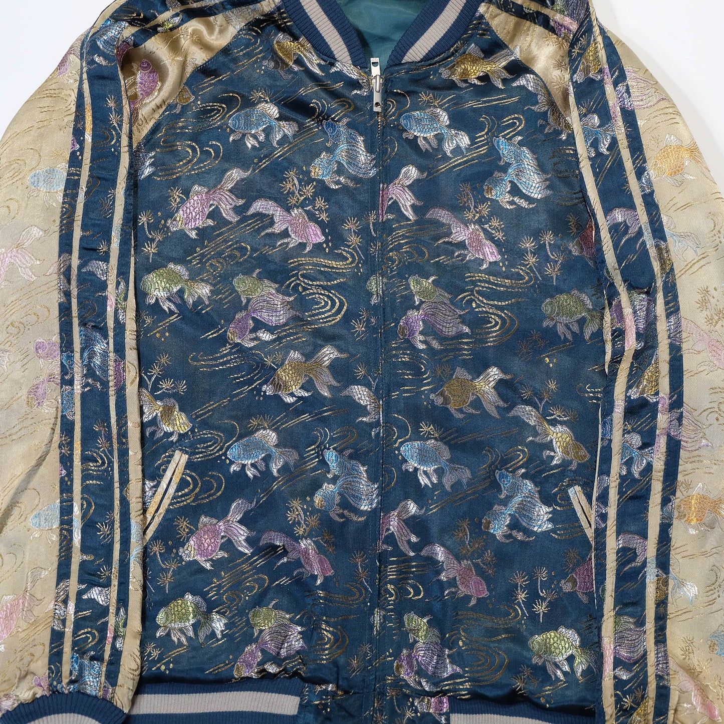 Elegant Japanese Embroidered Jacket Featuring Traditional Kingyo Goldfish, Water Ripples & Edo-Inspired Artwork