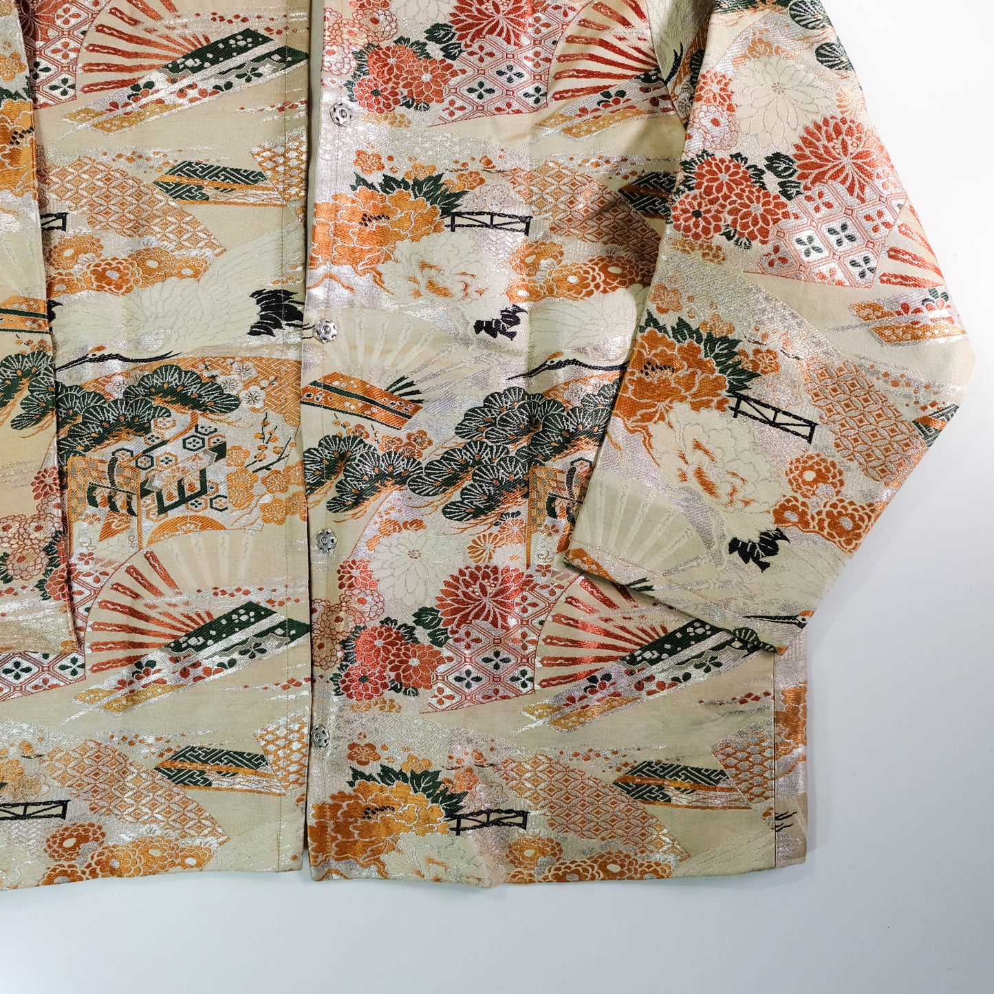 One-of-a-Kind Japanese Wagara Brocade Jacket with Tsuru Cranes, Sensu Fans, Pine, Chrysanthemum & Classical Geometric Motifs