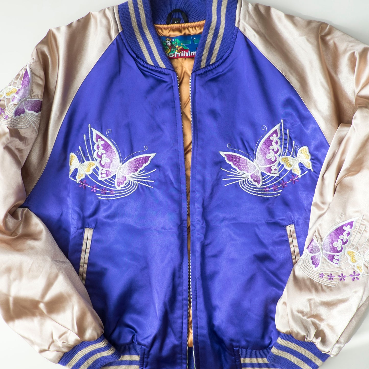 HOSHIHIME Japan Japanese Butterfly Chocho Blue Flowers Floral Flower Embroidery Embroidered Satin Souvenir Sukajan Bomber Jacket ( Size : M )
