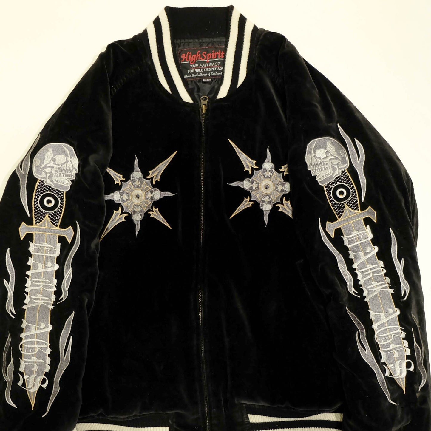 High Spirit “I’ll Not Sell My Heart” Velvet Sukajan / Souvenir Jacket Skull × Sacred Geometry × Sword Embroidery Japanese Streetwear Jacket