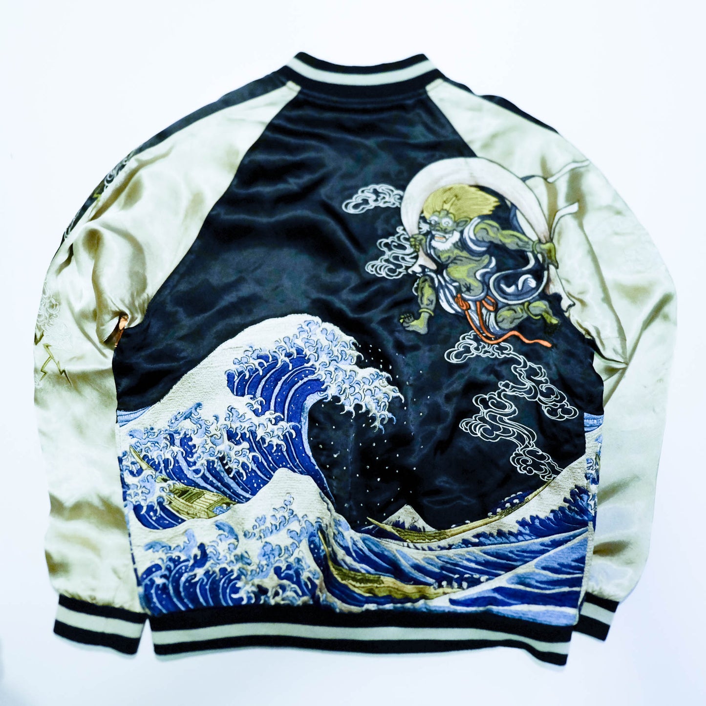 Rare Japanese Oni Wind & Thunder Gods × Great Wave Embroidered Rayon Souvenir Jacket