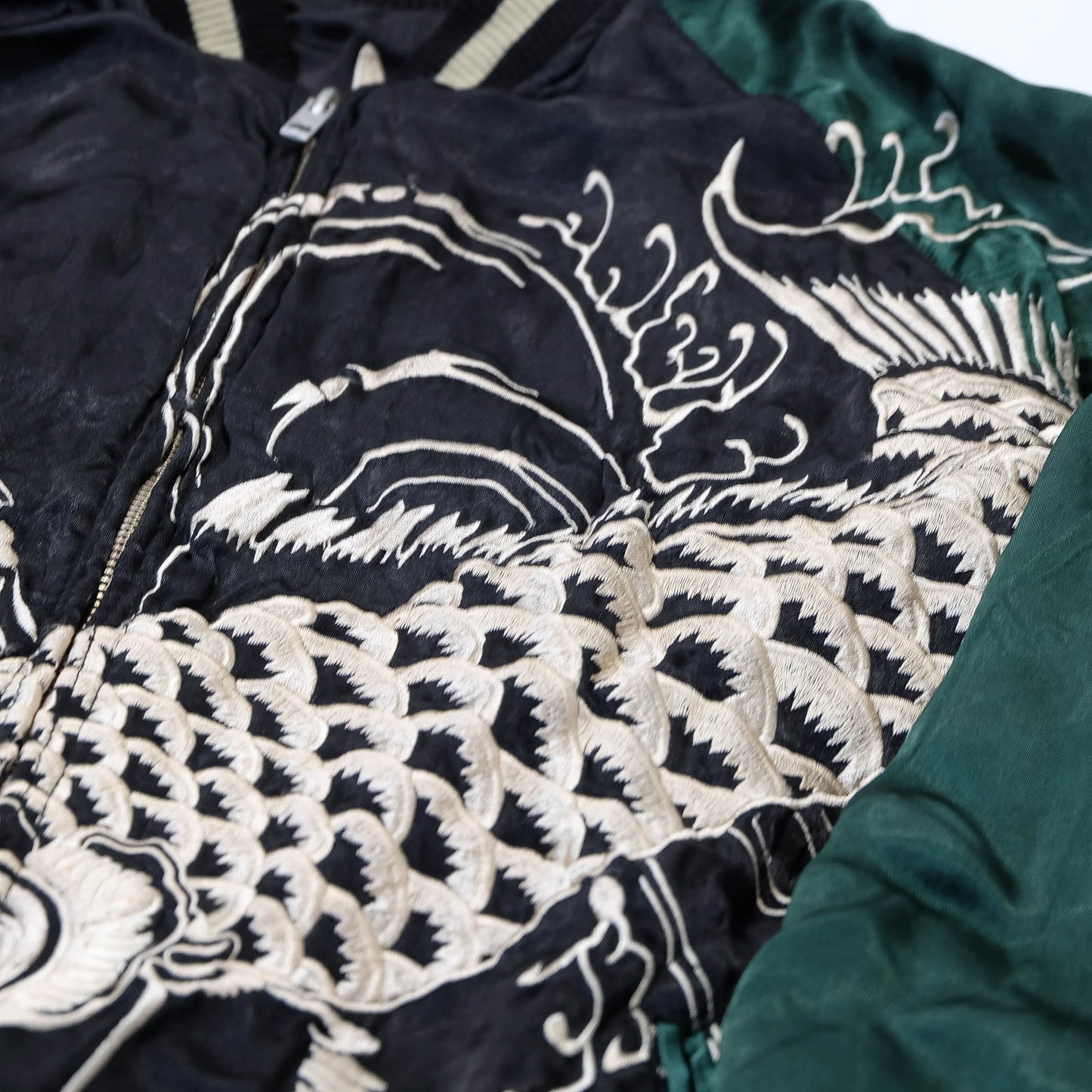 Traditional Japanese Koi Fish Wagara Embroidery Jacket Featuring Dynamic Water Motif & Vintage Yokosuka Style