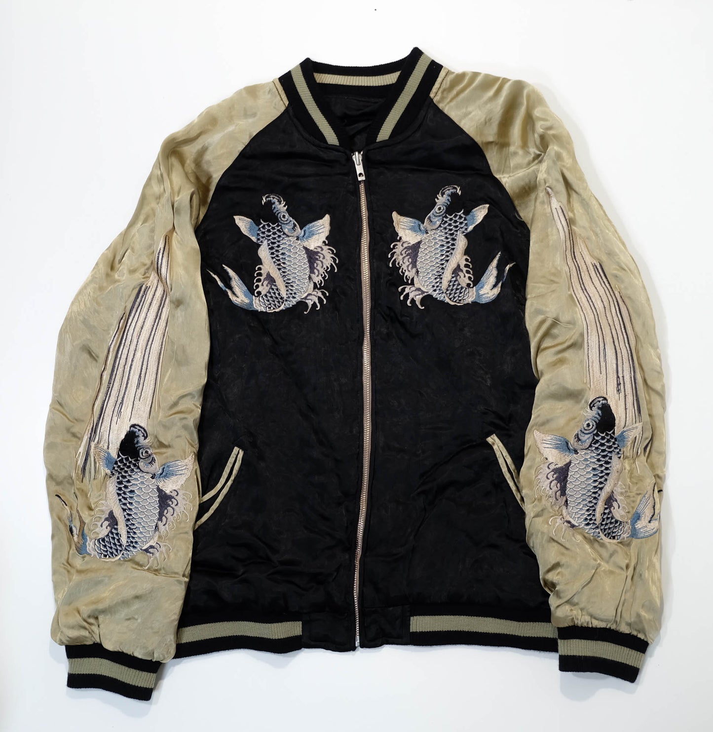 Traditional Japanese Koi Fish Wagara Embroidery Jacket Featuring Dynamic Water Motif & Vintage Yokosuka Style