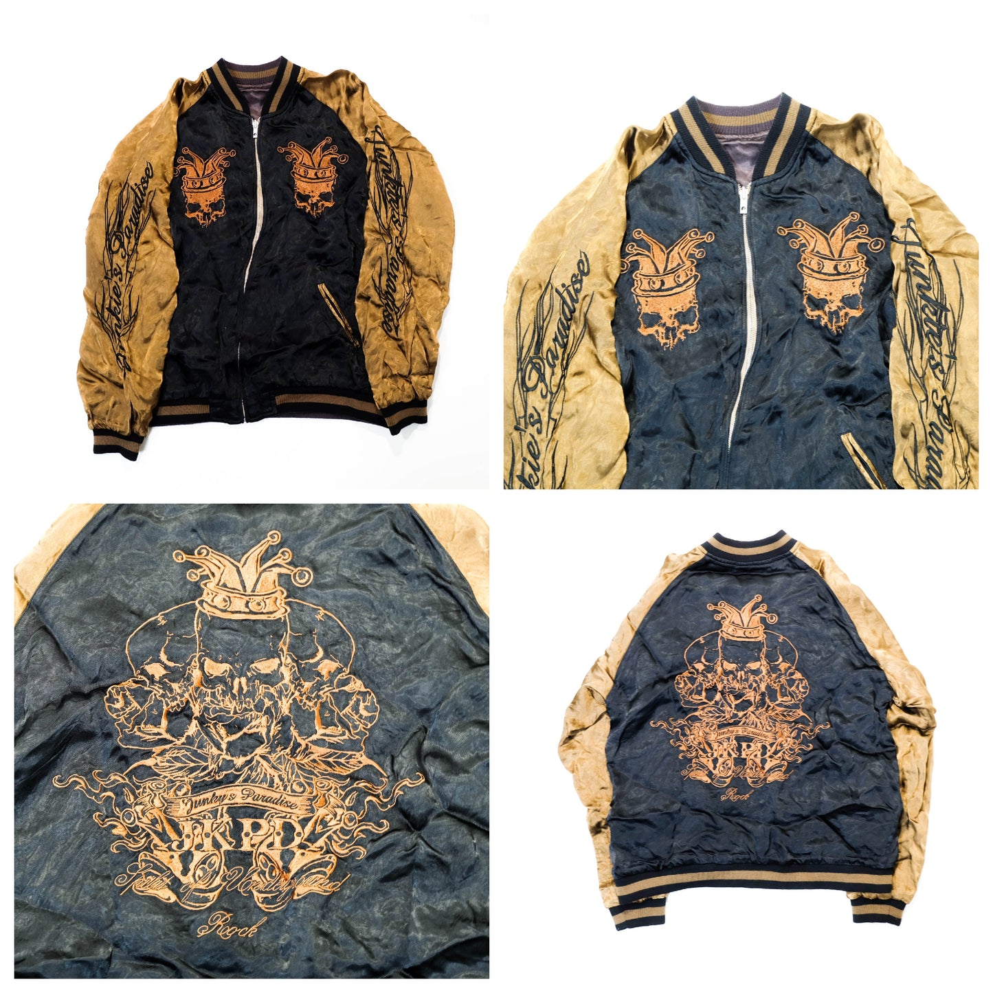 Junky’s Paradise Crown Skull Sukajan Jacket Black Gold Embroidered Japanese Rock Bomber Size L