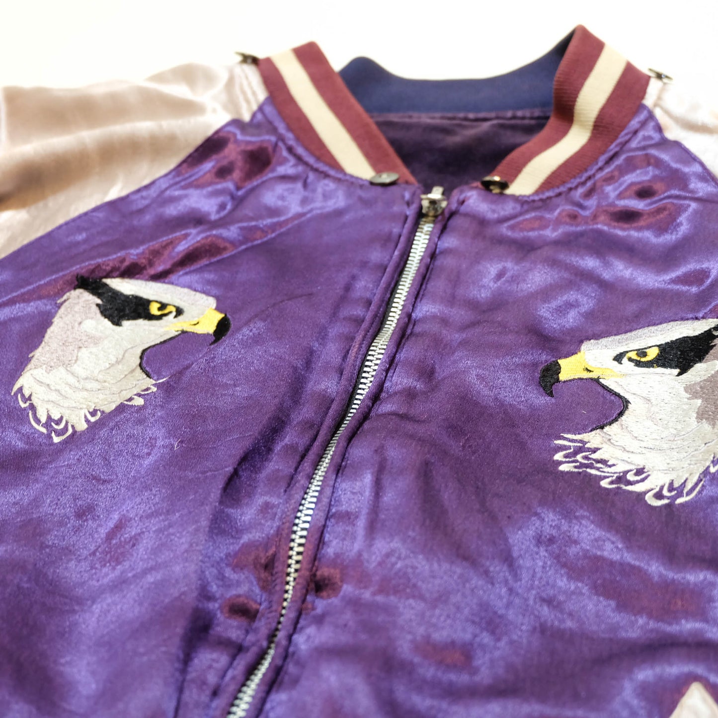 PPFM Peyton’s Place for Men Vintage Velvet Sukajan Jacket | Japanese Hinomaru Eagle Wolf Embroidery Souvenir Bomber Jacket Purple Size M-L