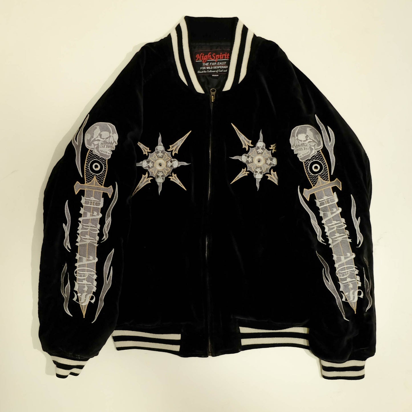 High Spirit “I’ll Not Sell My Heart” Velvet Sukajan / Souvenir Jacket Skull × Sacred Geometry × Sword Embroidery Japanese Streetwear Jacket