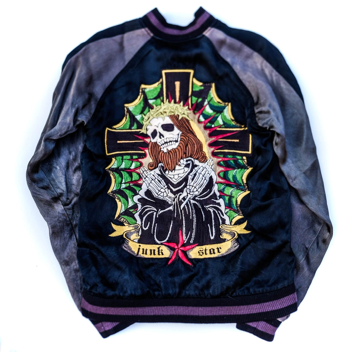 JUNK STAR Skull Monk Priest Cross Embroidery Sukajan Jacket XS | Japanese Streetwear Souvenir Jacket