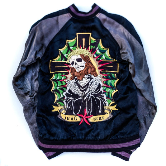 JUNK STAR Skull Monk Priest Cross Embroidery Sukajan Jacket XS | Japanese Streetwear Souvenir Jacket