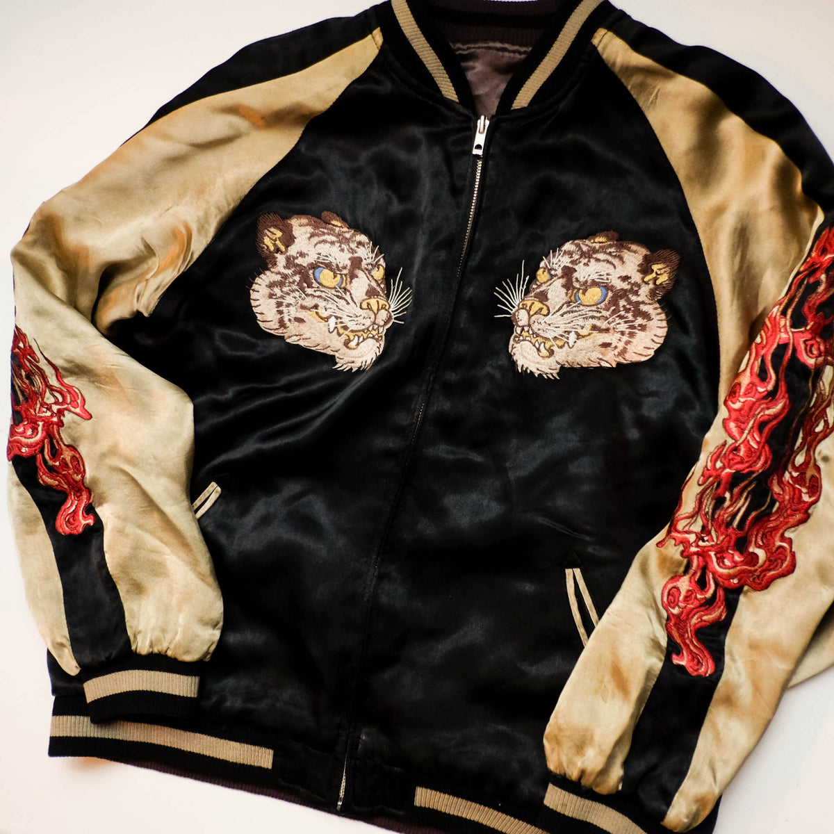 Shōki Demon Slayer & Flaming Tiger Reversible Sukajan Jacket Size L | Japanese Embroidered Souvenir Bomber