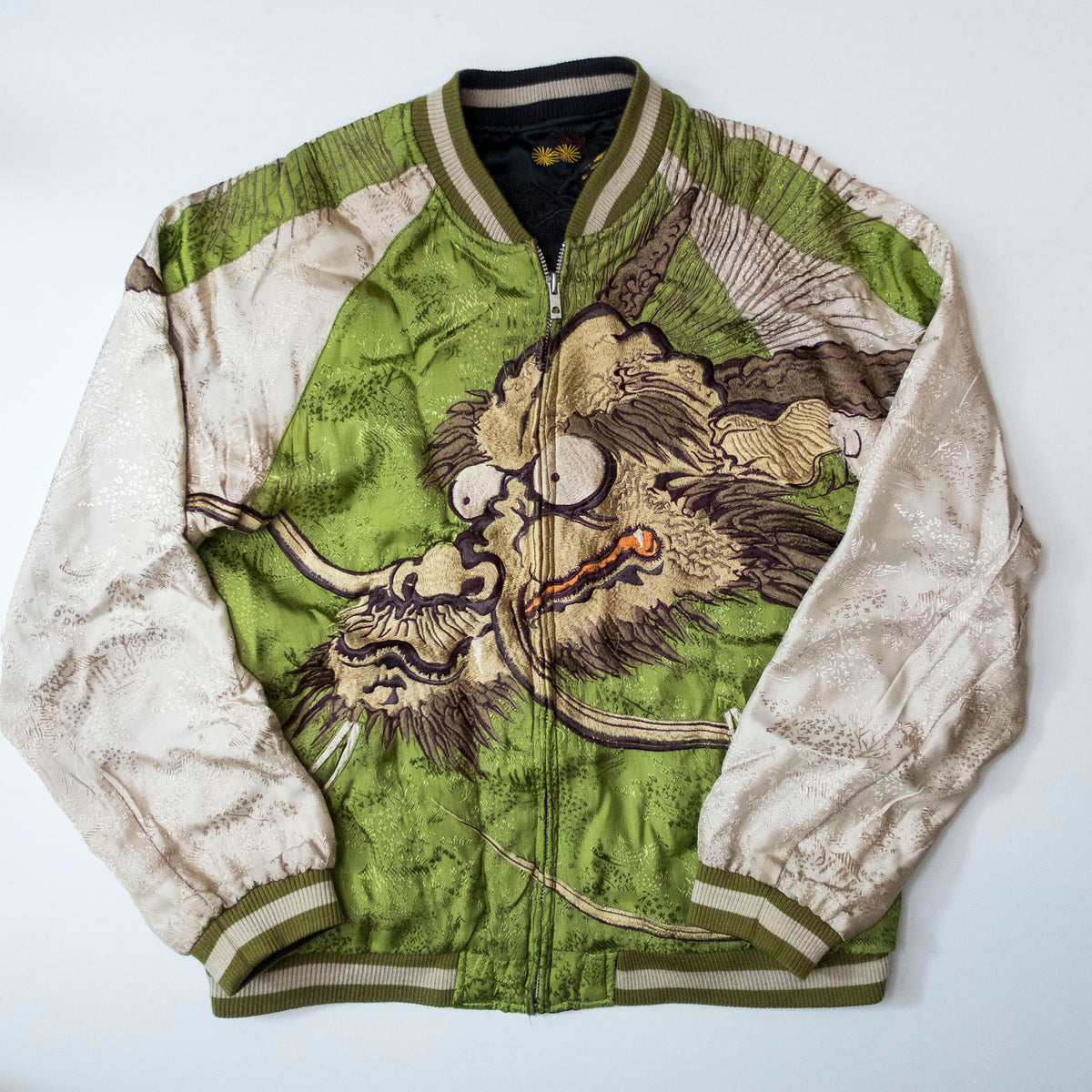 Samurai Ukiyo-e Dragon Reversible Sukajan Jacket Size L | Japanese Nihonga Inspired Souvenir Bomber