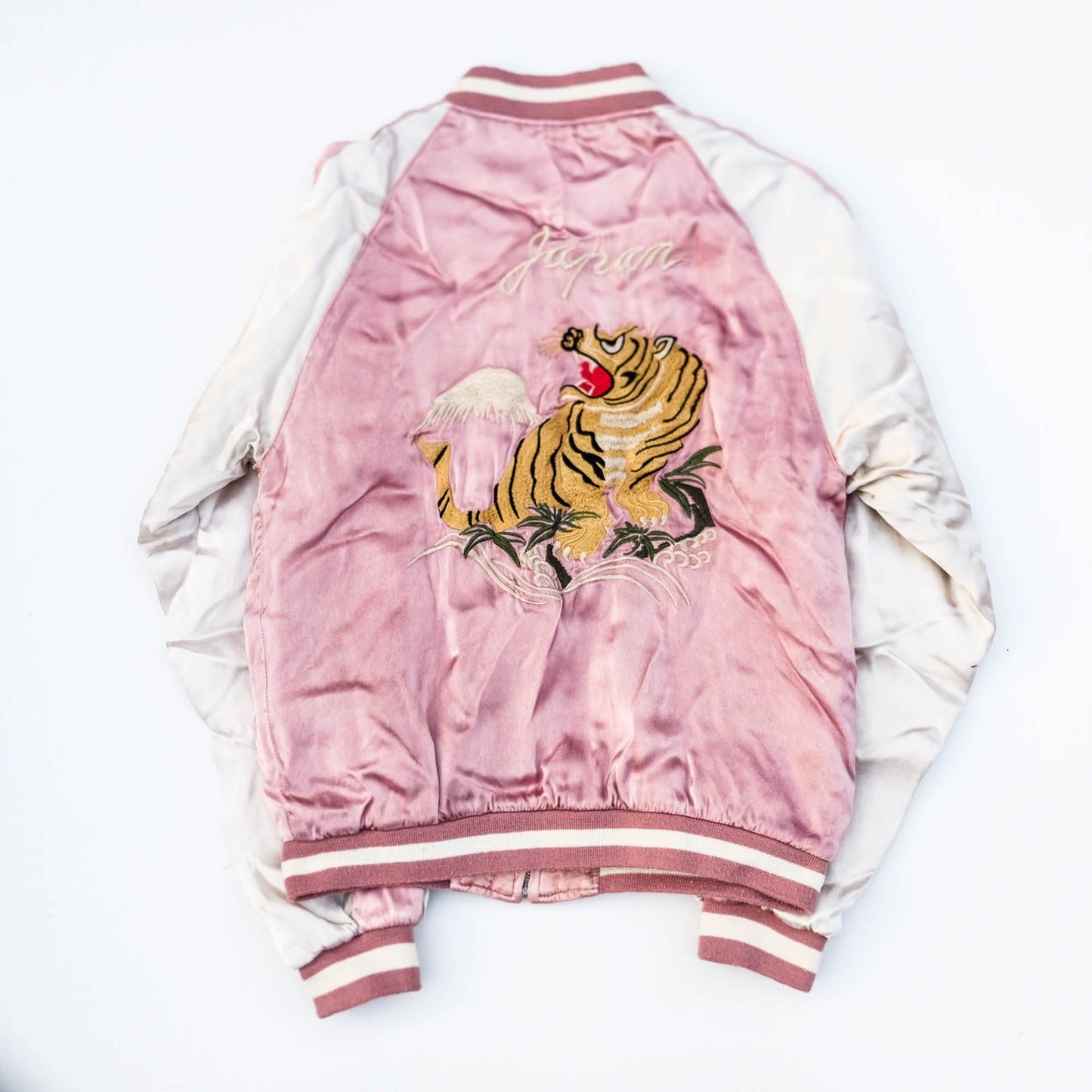Iconic Japanese Pink Sukajan Embroidered Souvenir Bomber Jacket | Tiger & Mount Fuji Tattoo Art Jacket